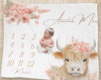 Personalized Highland Cow Baby Milestone Blanket, Monthly baby photo Growth Track Blanket Cow Western Cowgirl Baby Shower Custom Gift, ACMH4