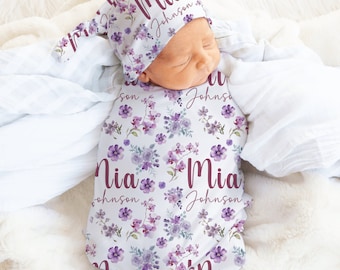 Personalized Purple Floral Baby Name Swaddle Set, Custom Name Blanket Newborn Violet Nursery Crib Sheet, Girl Baby Shower Custom Gift, FCPH2