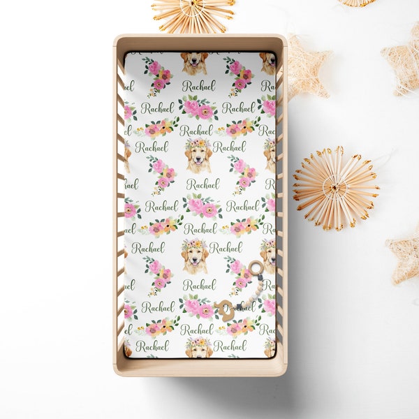 Personalized Golden Retriever Floral Name Blanket crib sheet, Golden Retriever floral Newborn Swaddle Home Coming, Baby Shower Gift, ACPV2