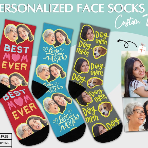 Chaussettes visage personnalisées avec texte, cadeau personnalisé pour maman, cadeau maman chien, chaussettes personnalisées pour animaux de compagnie, chaussettes personnalisées pour maman, fête des mères, chaussettes maman chien