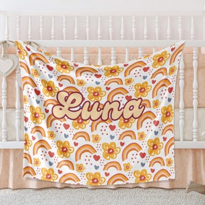 Manta personalizada con nombre de bebé Boho Rainbow, regalo personalizado de baby shower Boho Retro Rainbow, regalo de cumpleaños para niños pequeños, nombre personalizado, BCPH6
