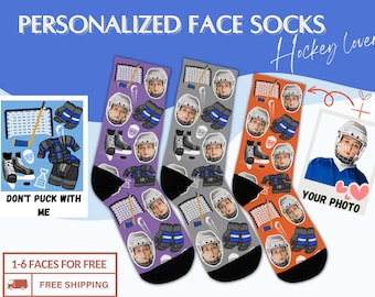 Hockey lover custom face socks, funny personalized hockey gift for men, custom hockey socks gift, hockey team tournament season gift