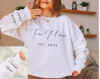 Personalized Twin Mama minimalistic Shirt with child names on sleeves, gift for new twin mom, pregnancy reveal baby announcement shirt