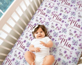 Custom Purple Violet baby floral Crib Sheet, Newborn Swaddle Home Coming Purple Violet Baby Shower Gift, Custom Floral Name Blanket, FCPH2