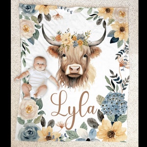 Personalized Baby Highland Cow Name Blanket, Custom Newborn Western Floral Swaddle, Highland Cow Crib Sheet Baby Shower Custom Gift, ACV6
