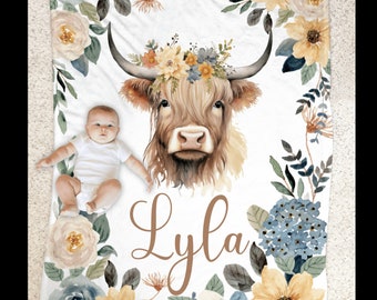 Personalized Baby Highland Cow Name Receiving Blanket, Custom Name Blanket Newborn Western Baby Shower Gift, Toddler Birthday Gift ACV6