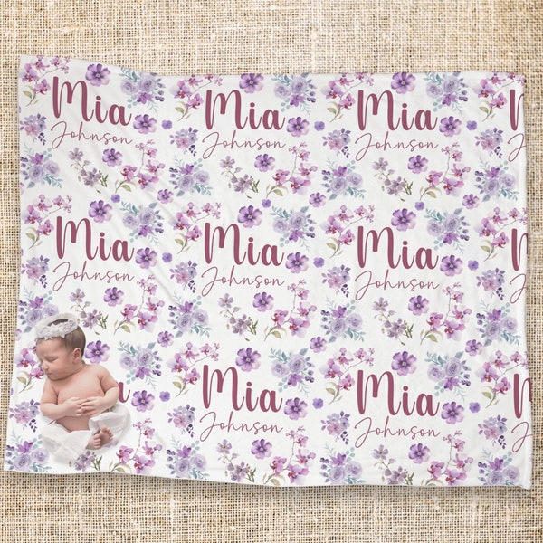 Personalized Baby Floral Violet Name Blanket, Custom Name Blanket Newborn Purple Floral Baby Shower Custom Gift, Toddler Birthday Gift FCPH2