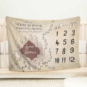 Personalisierte Marauder&#39;s Map Meilenstein-Babydecke, kundenspezifische Baby-Zauberer-Meilensteindecke, kundenspezifische Zauberschule-Zauberkeits-Babyparty-Geschenk HCMH1