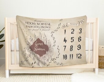 Personalized Marauder's Map Milestone Baby Blanket, Custom baby wizard milestone blanket,custom magic school wizardry Baby Shower Gift HCMH1