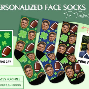Lucky Game Day socks for football lovers, football custom face socks, funny personalized football gift for men, St. Patrick&#39;s day gift socks