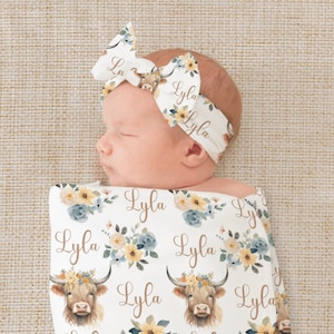 Personalized Highland Cow Baby Floral Name Swaddle Set, Custom Name Blanket Newborn Nursery Crib Sheet, Girl Baby Shower Custom Gift,ACPV5