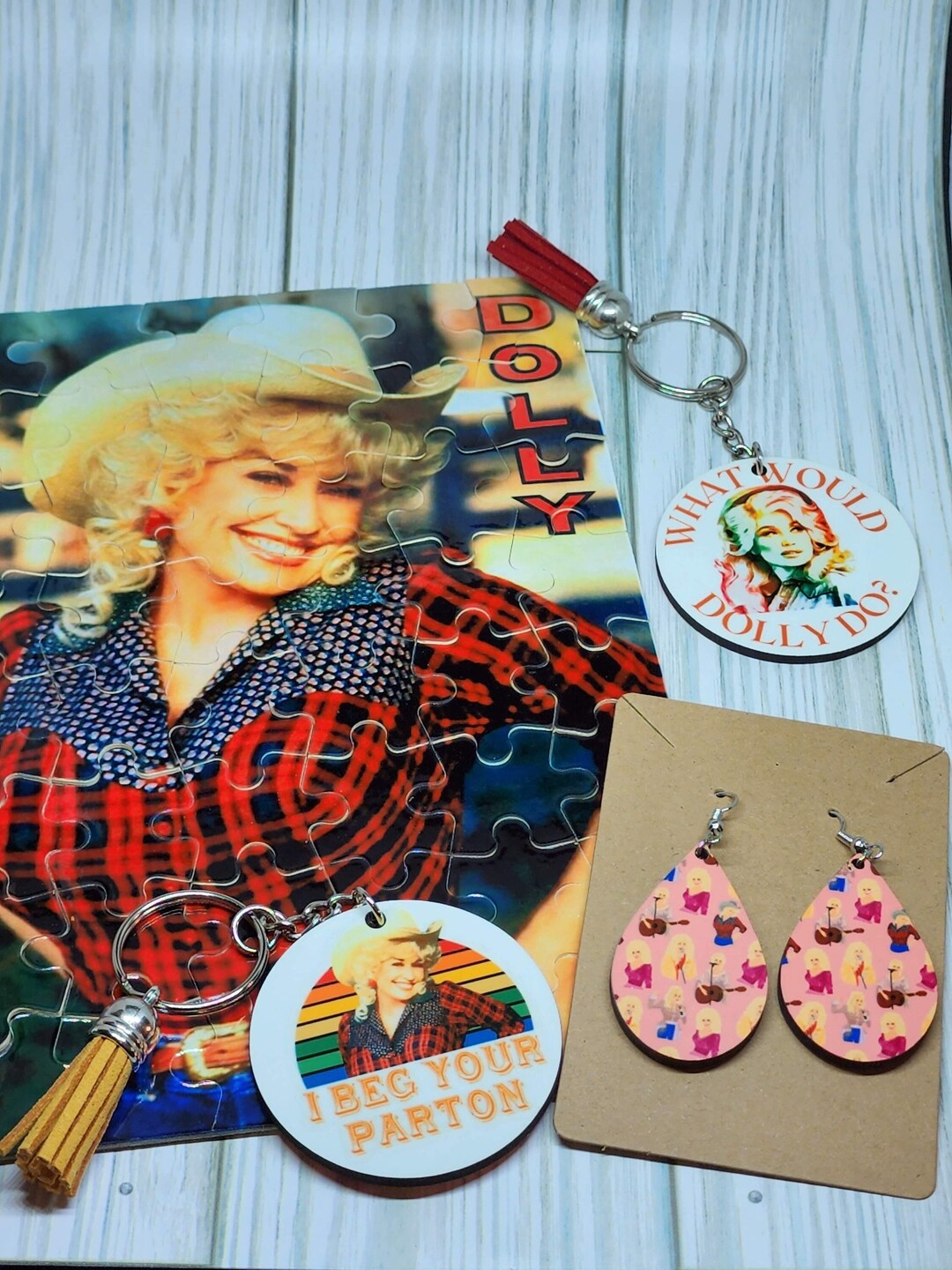 Dolly Inspired Custom Tumbler, Puzzle, Teardrop Earrings, Tassel