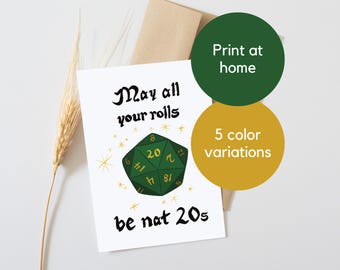 Nat 20: Tarjeta de cumpleaños dibujada a mano con dados de DnD (descarga digital)