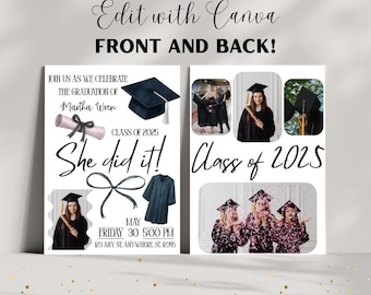 Editable Graduation Invitation | She Did It | Instant Download Canva Template | Printable Party Invite for Graduation
