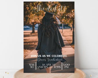 Editable Graduation Invitation | She Did It Theme | Instant Download Canva Template | Printable Party Invite for Graduation