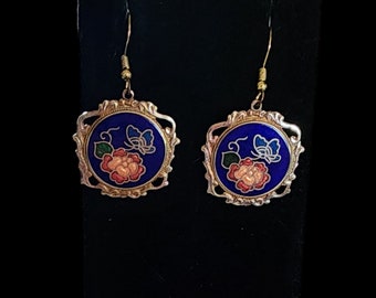 Pendientes colgantes Stefano Vintage Cloisonne, mariposas y flores.