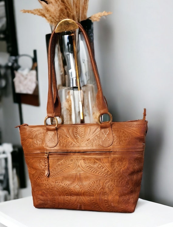 Large Leather Bag, Hand Tooled Leather, JL Saldiv… - image 1