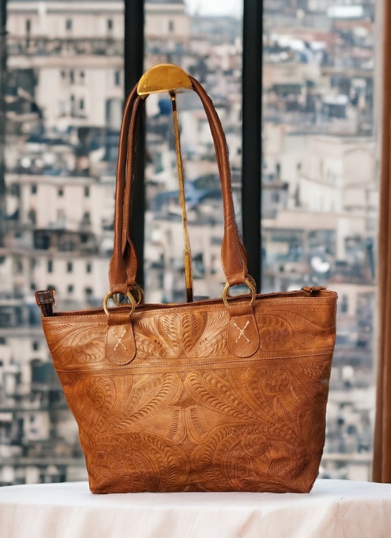 Large Leather Bag, Hand Tooled Leather, JL Saldiv… - image 2