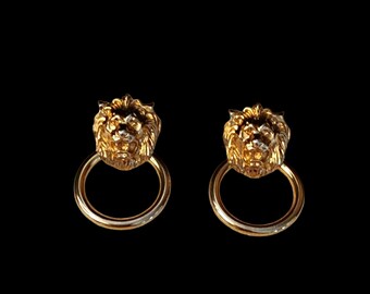 Vintage Lion Head Gold Tone Doorknocker Pierced Earrings Unmarked