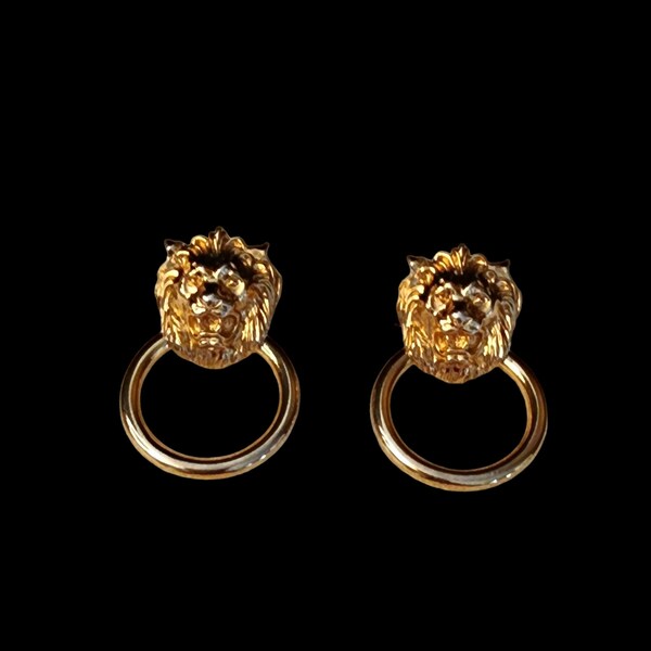 Vintage Lion Head Gold Tone Doorknocker Pierced Earrings Unmarked