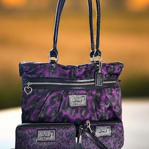 Coach Poppy Ocelot Leopard Print Purple Black Glam Bag, Wallet