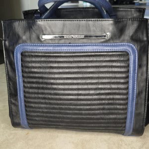 Steve Madden satchel tote quilted panel on front with blue boarder