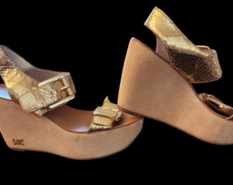 May include: A pair of gold wedge sandals with a snakeskin pattern and buckle accents. The sandals have a cork platform and a suede sole.