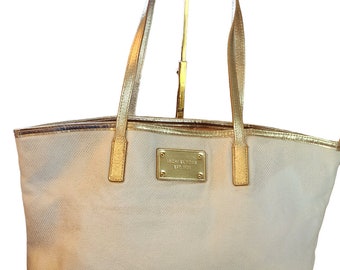 Michael Kors cream colored with gold leather trim tote bag EST 1981