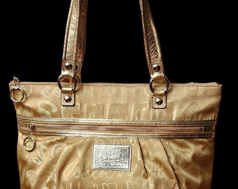RARE FIND Grand sac cabas glamour Coach Poppy avec écusson Story doré