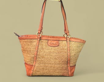 Rare Find Coach Alexandra coral straw studded tote shoulder handbag F21959
