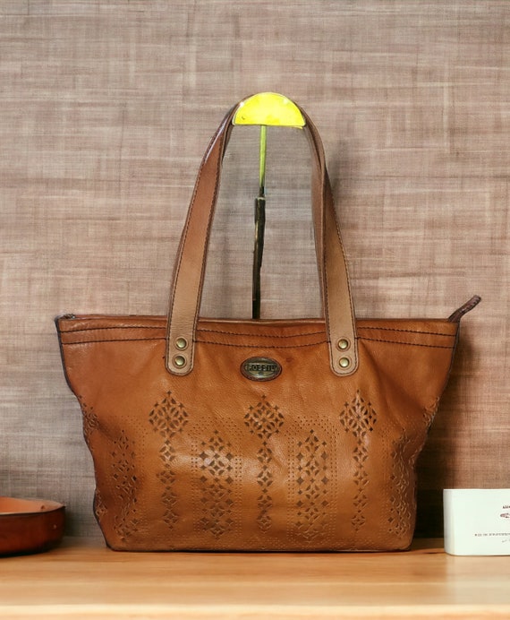 Fossil Cambell laser cut Camel colored leather tot