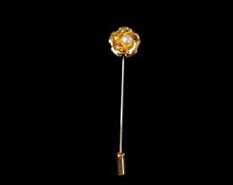 Vintage Gold Tone Rose Stick Pin (4680) Faux Pearl Center