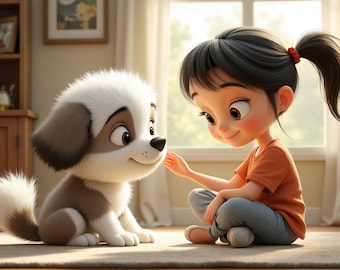 May include: A cartoon illustration of a girl and a puppy. The girl, with dark hair in a ponytail, is wearing an orange shirt and gray pants. The puppy is white and brown. They are sitting on a rug in a room with a window and a bookshelf.