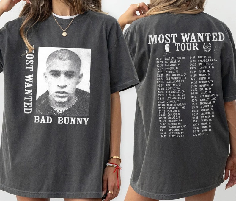 Bad Bunny Most Wanted Tour 2024 2 Sided Shirt, Bad Bunny Benito Album Shirt, Bad Bunny Merch