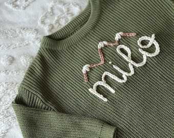 Dark Green Custom Embroidered Sweater, baby and kid chunky knit