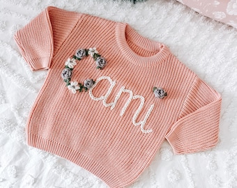 Embroidered Name Sweater with Floral Letter - Hand Embroidered - Personalized Sweater - Girl Name Sweater