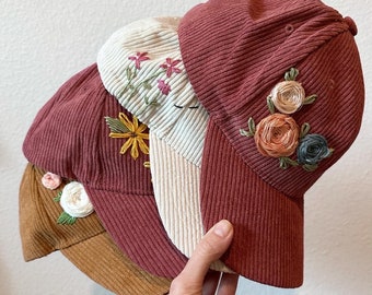 Embroidered women’s hat - hand embroidered - girls hat - corduroy hat