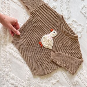 May include: A brown knit sweater with a white goose applique on the front. The goose has a pink scarf and orange accents. The sweater has long sleeves and a ribbed texture.