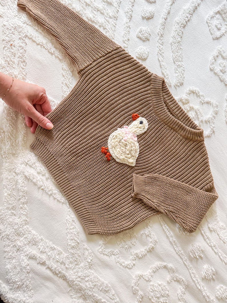 May include: A brown knit sweater with a white goose applique on the front. The goose has a pink scarf and orange accents. The sweater has long sleeves and a ribbed texture.
