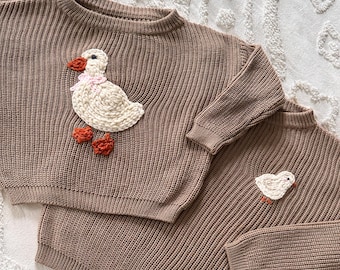 Suéter de pato bordado a mano – Regalo de punto grueso para bebés y niños pequeños