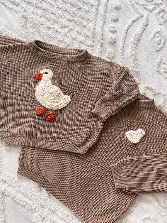 Hand Embroidered Duck Sweater – Chunky Knit Baby & Toddler Gift