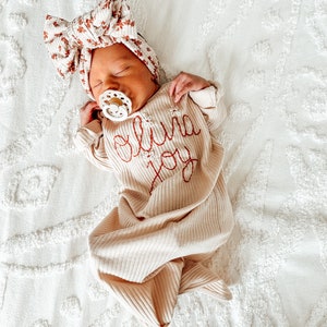 Baby Knotted Gown - Embroidered knotted gown - baby coming home outfit - hand embroidered