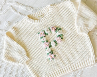Personalized Floral Initial Embroidered Sweater: Chunky Knit Baby & Toddler
