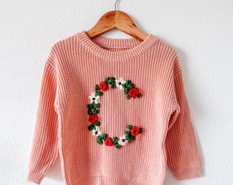 BLUSH PINK Floral Initial Sweater - Hand Embroidered - Personalized - Girl Sweater
