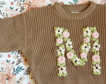 MOCHA Floral Initial Sweater - Hand Embroidered - Personalized - Girl Sweater - Embroidered Sweater