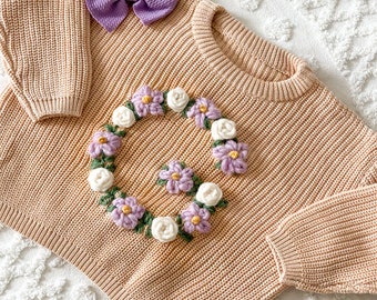 CREAM Floral Initial Sweater - Hand Embroidered - Personalized - Girl Sweater - Embroidered Sweater