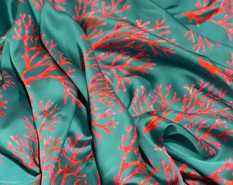 Green Coral Pattern Silky Satin Fabric, Dressed,Kimono,Pareo FABRIC