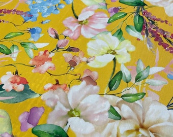 Floral Silky Satin Fabric: Yellow Flower Butterfly Print