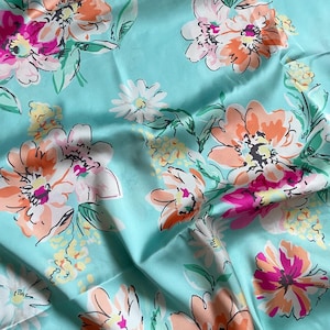 Mint Colour Pink Orange Flower Silky Satin Fabric ,Dressed Fabric