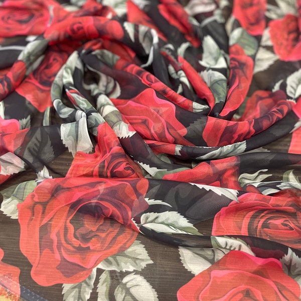 Rote Rosen ChiffonStoff, Exklusiver Kleiderstoff (auf den gewünschten Stoff gedruckt)